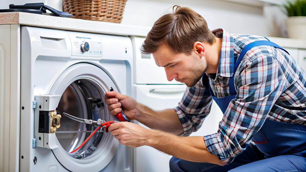 Technician examining a front-load washing machine.