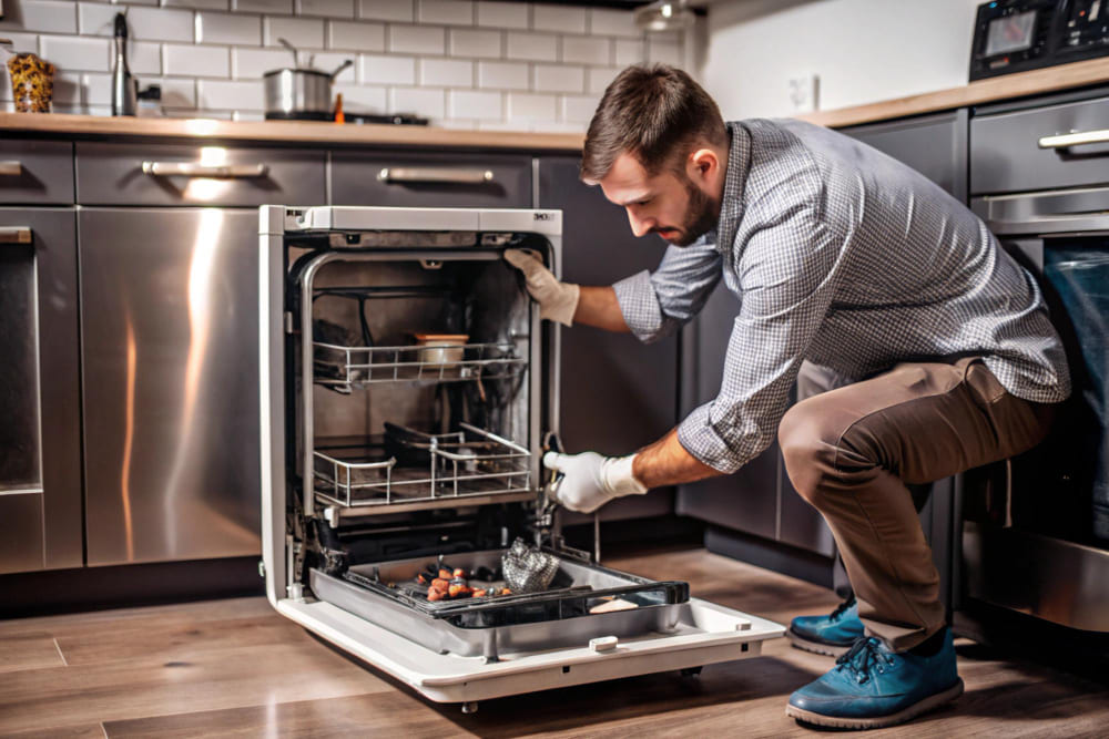 A repair technician inspecting a built-in dishwasher unit.