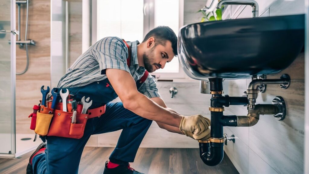 Technician repairing home appliance in a modern Dubai kitchen.