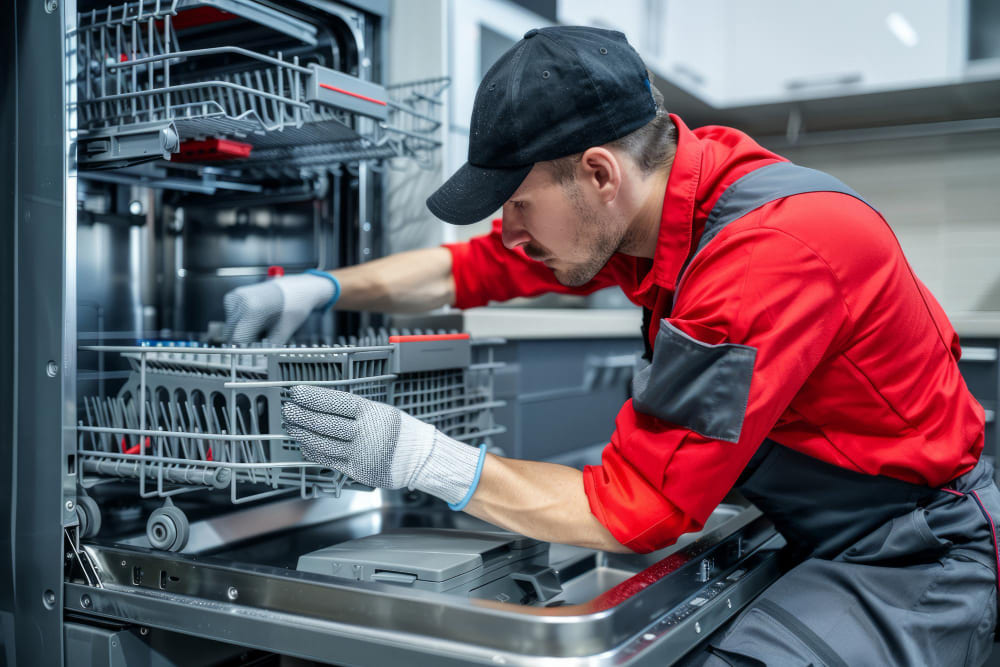 A repair technician inspecting a built-in dishwasher unit.