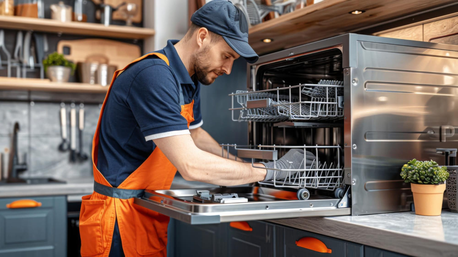 A repair technician inspecting a built-in dishwasher unit.