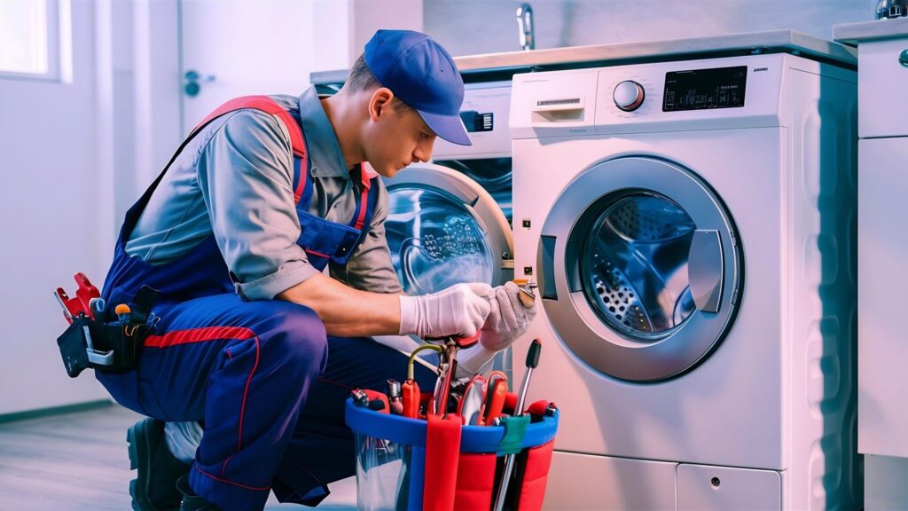 Technician examining a front-load washing machine.